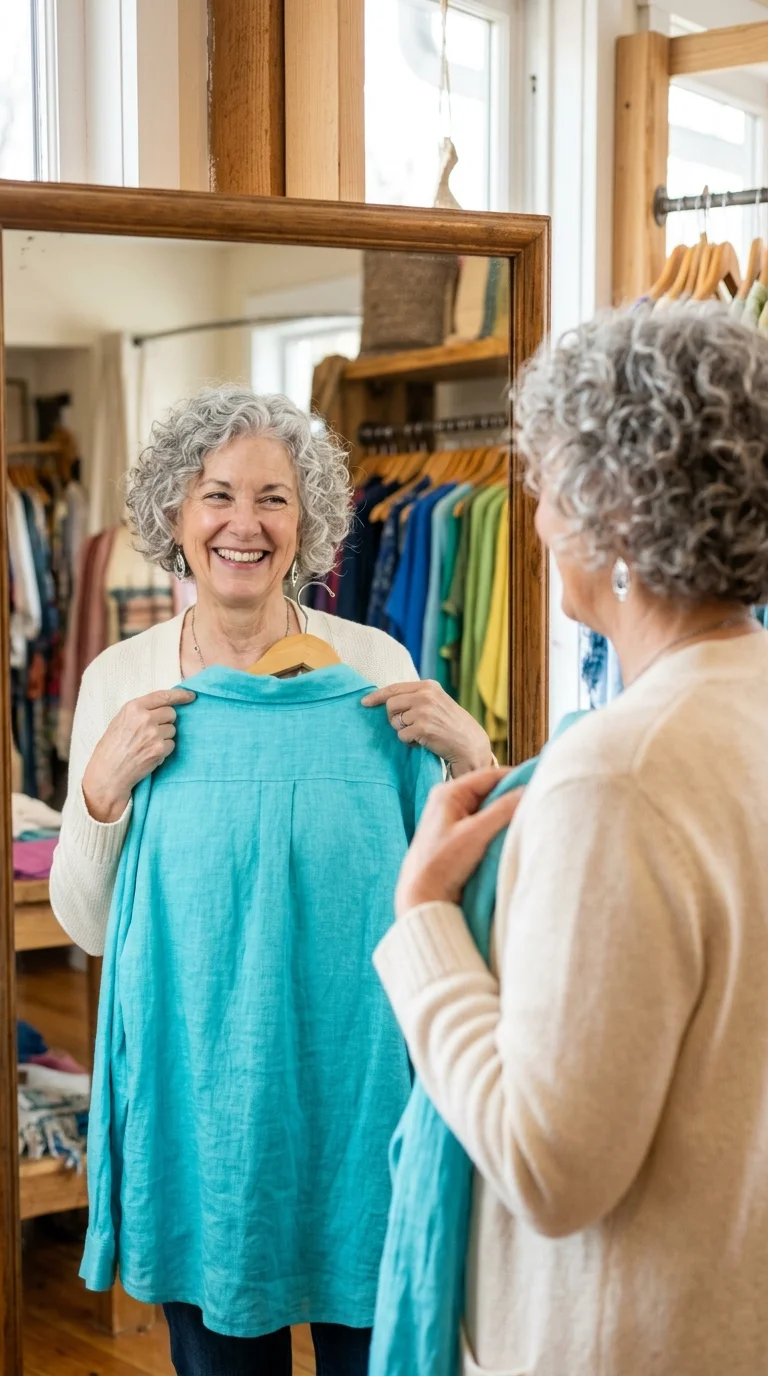 A senior woman with curly gray hair smiles while holding up a bright turquoise shirt in front of a boutique mirror.