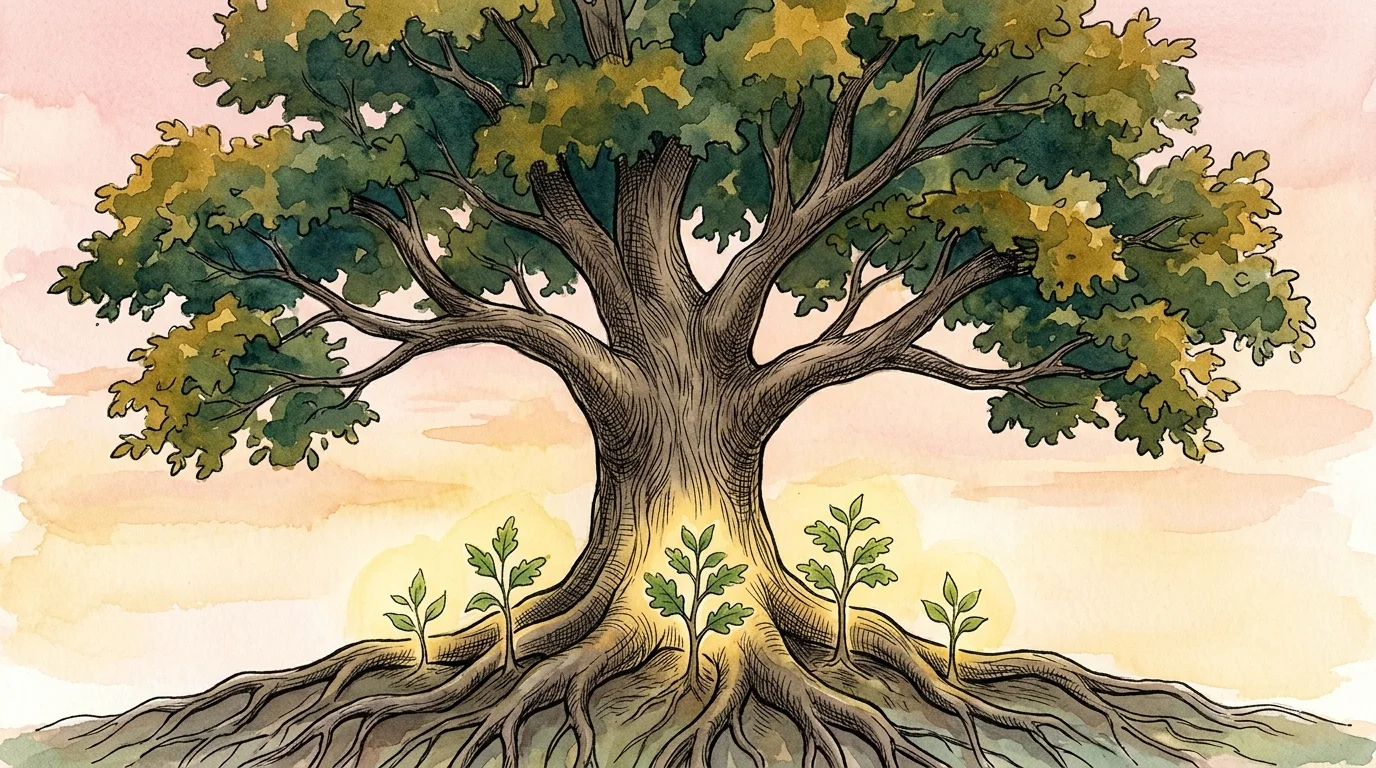 A serene watercolor of a majestic oak tree with deep roots nurturing small, bright green saplings at its base in the warm sunset light.