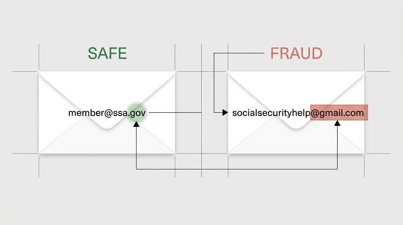 A side-by-side diagram contrasting a secure government ssa.gov email address with a fraudulent commercial gmail.com address.