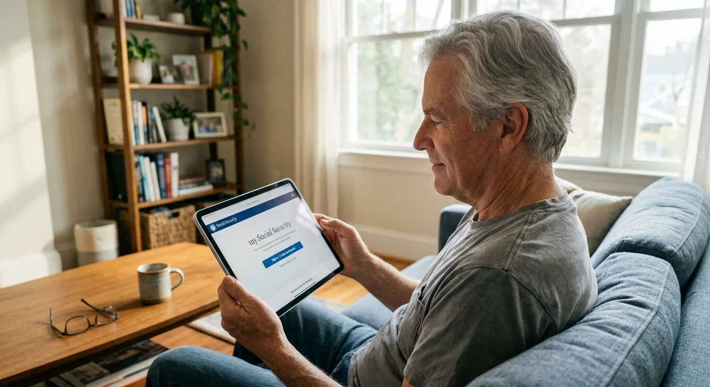 A silver-haired man on a living room sofa looking at his tablet displaying the my Social Security login portal.