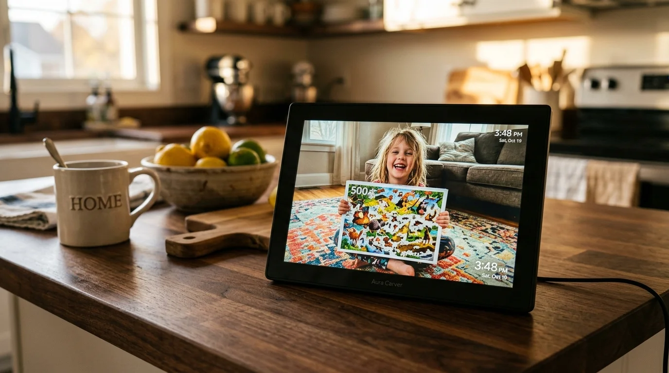 A smart digital photo frame on a kitchen counter displaying a photo of a smiling child.