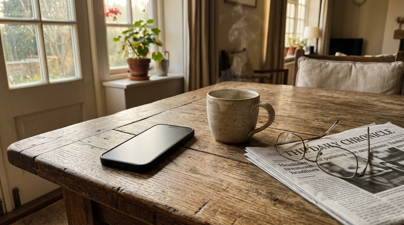 A smartphone sits quietly on a rustic wooden dining table next to a warm cup of tea and reading glasses in a sunlit room.