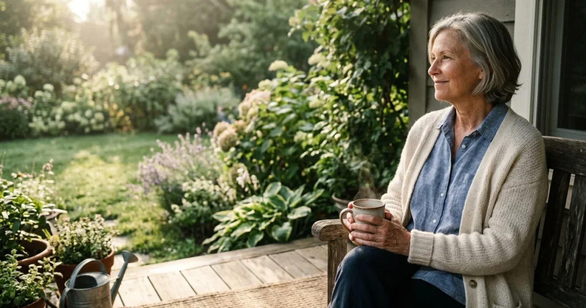 A smiling retiree in casual clothes sits on a sunny wooden porch with a coffee mug, looking out at a lush backyard garden.