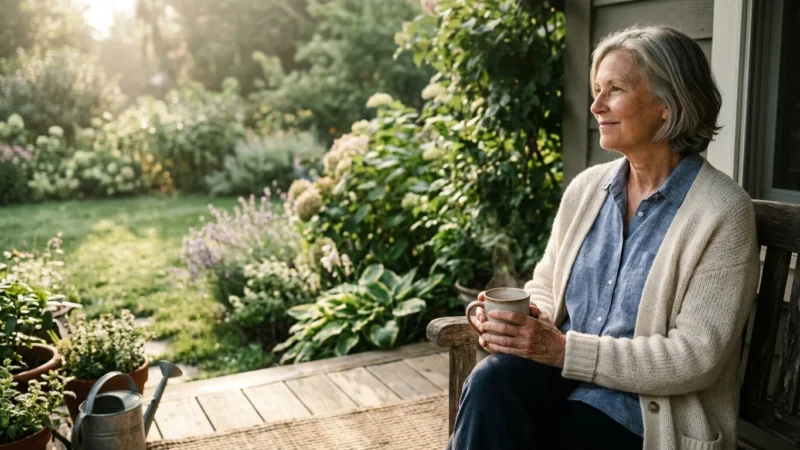 A smiling retiree in casual clothes sits on a sunny wooden porch with a coffee mug, looking out at a lush backyard garden.