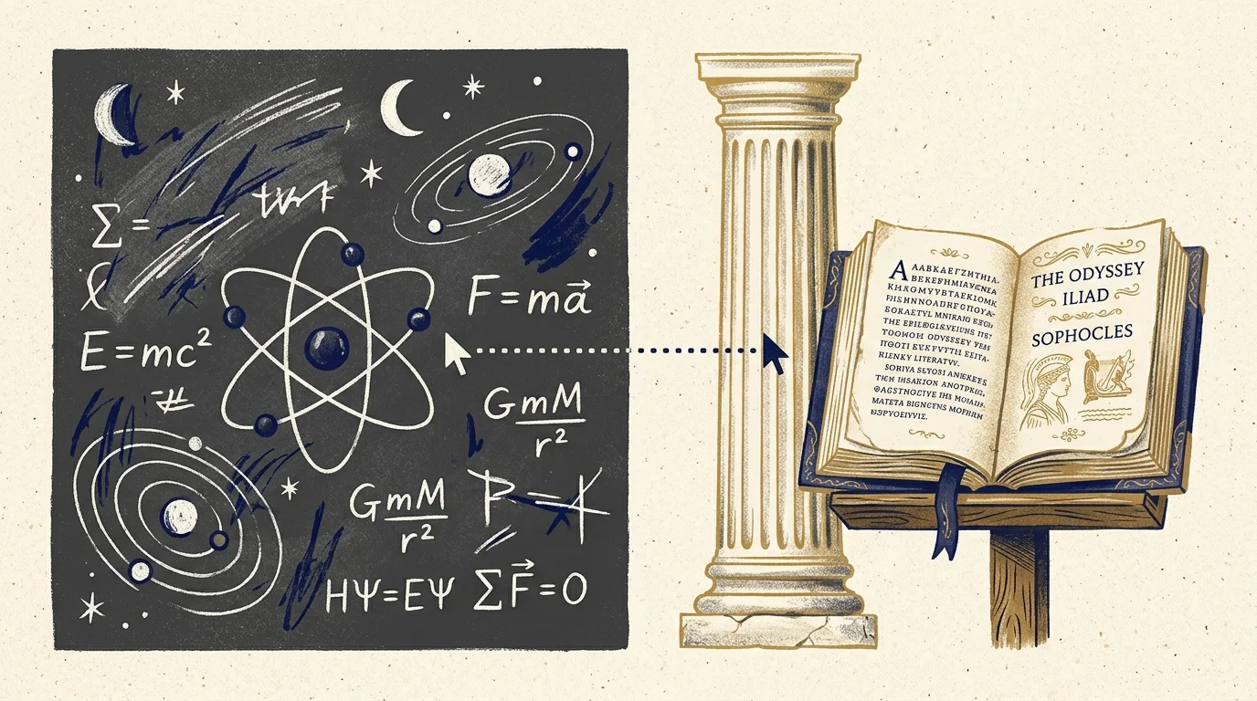 A split illustration showing scientific equations on the left and a classic column with a book on the right.