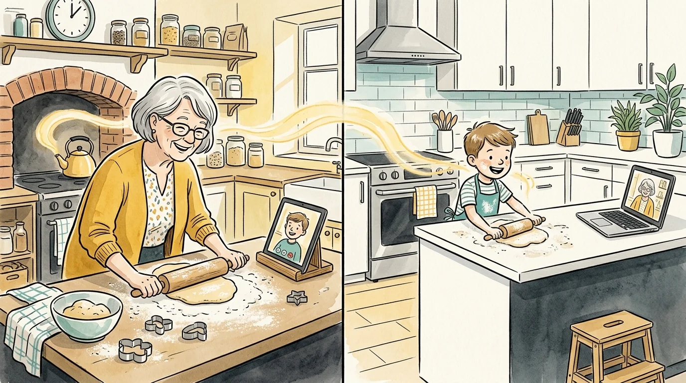 A split-screen watercolor illustration of a grandmother and grandson baking together in their kitchens.