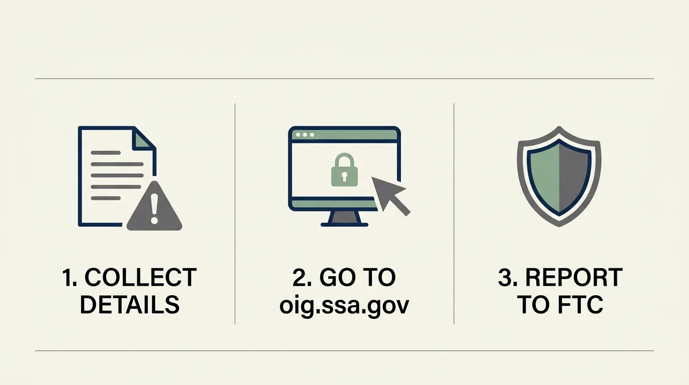 A step-by-step diagram showing the reporting flow: collect details, visit oig.ssa.gov, and report to the FTC.