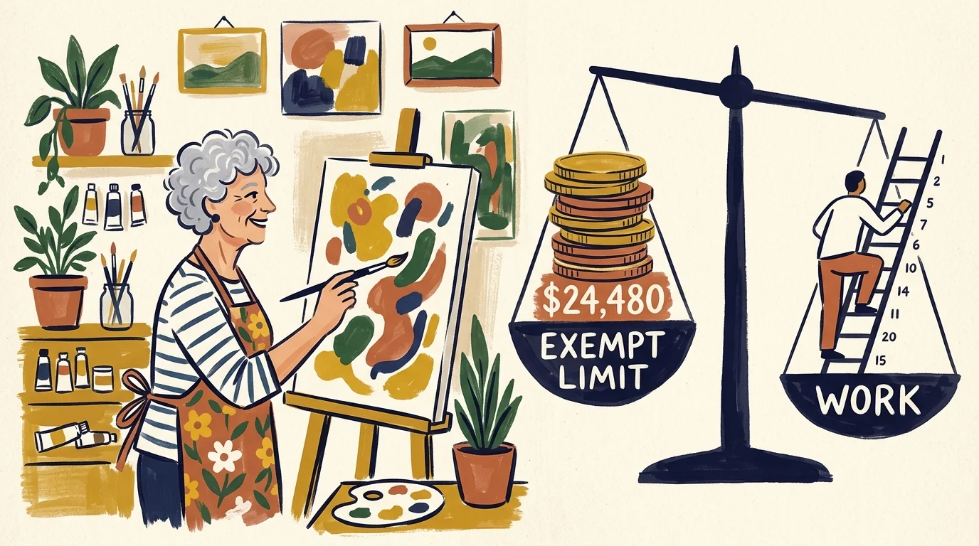 A stylized illustration of a woman painting next to a balance scale representing the $24,480 earnings limit.
