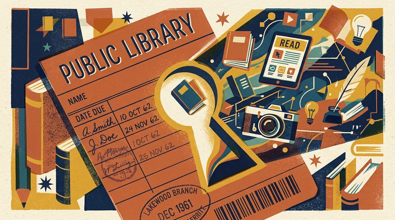 A stylized library card opening a glowing keyhole portal to digital learning icons.