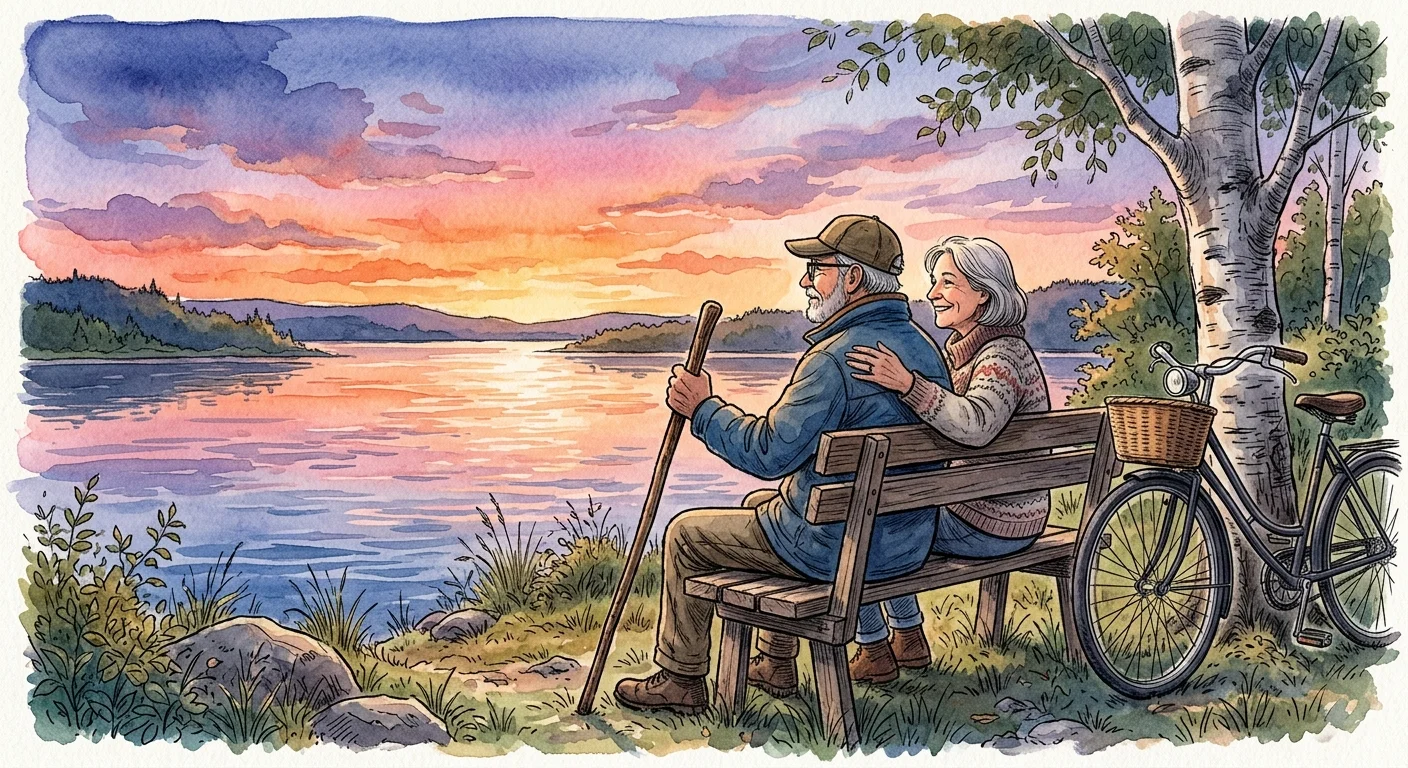 A sunset watercolor illustration of an older couple sitting on a bench by a lake with a bicycle nearby.