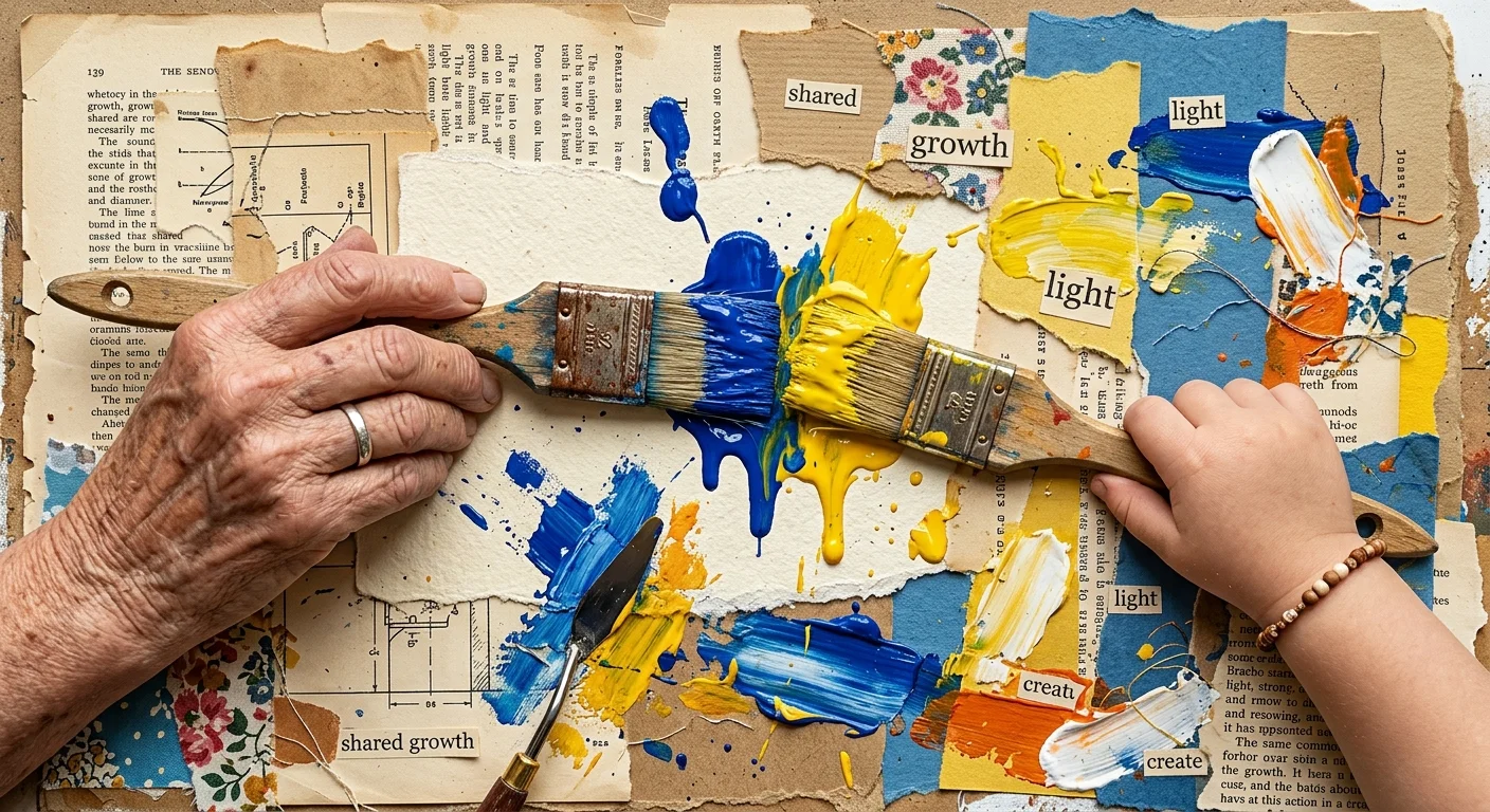 A textured paper collage showing a senior's hand and a child's hand painting together with vibrant colors.