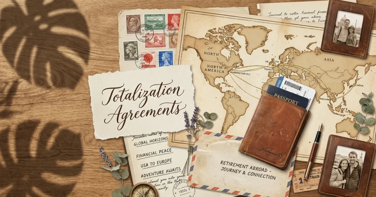 A travel-themed collage with a vintage map, passport, airmail envelope, and calligraphy text reading 'Totalization Agreements'.