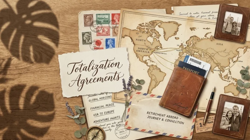 A travel-themed collage with a vintage map, passport, airmail envelope, and calligraphy text reading 'Totalization Agreements'.