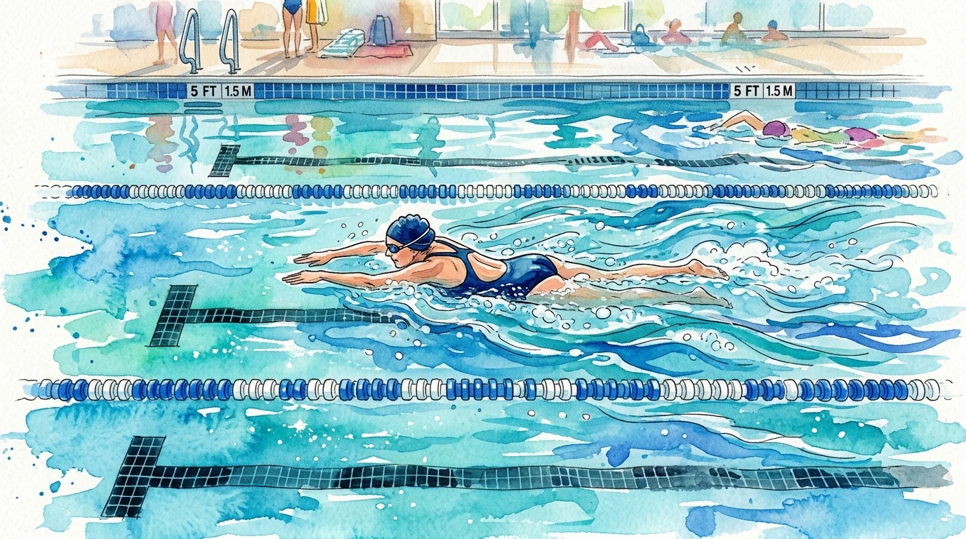 A vibrant watercolor illustration from above showing a senior swimming laps in a clear blue pool.