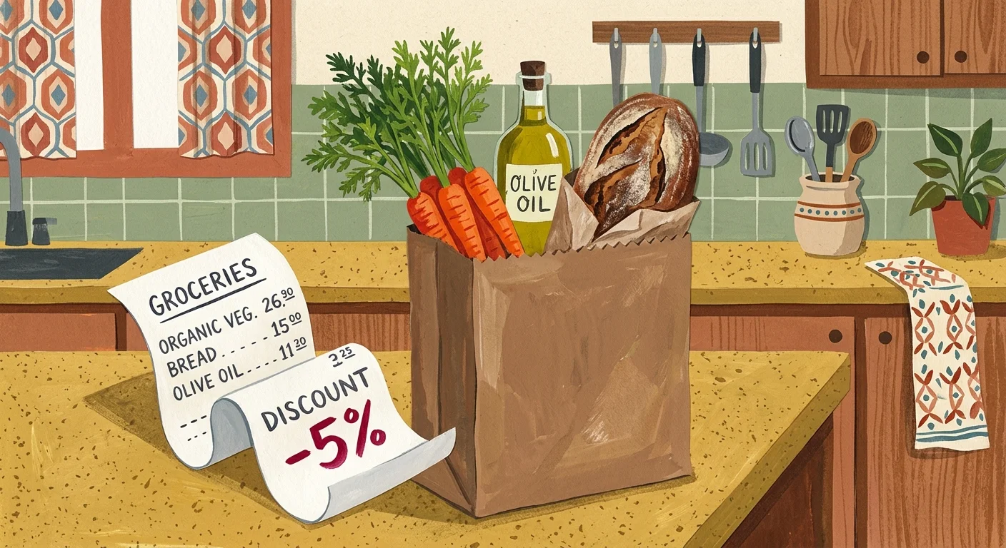 A vintage-style gouache illustration of a paper grocery bag filled with fresh food and a receipt showing a 5 percent discount.
