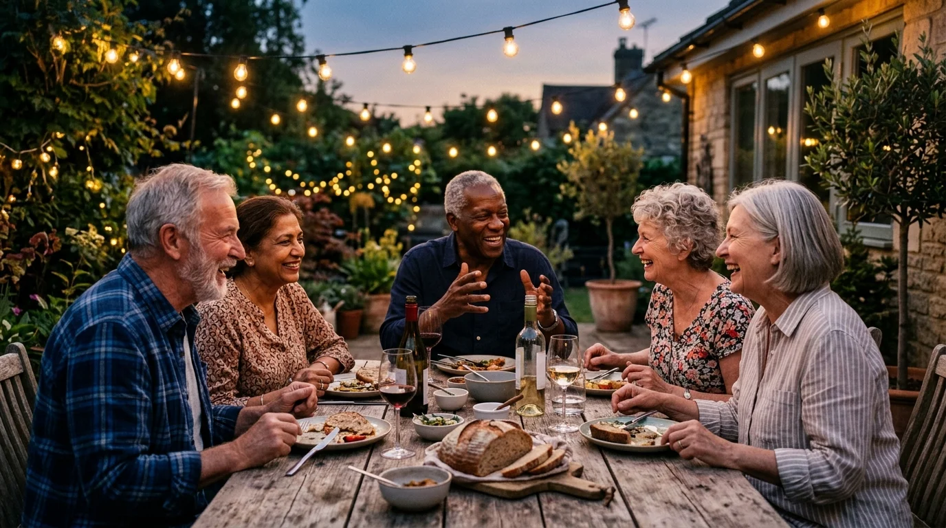 A warm, candid photo of a group of retired friends laughing around a backyard dinner table under glowing string lights.