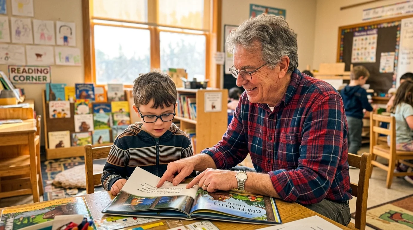 A warm, candid photo of a senior mentor helping a young student read a picture book in a sunlit classroom corner.