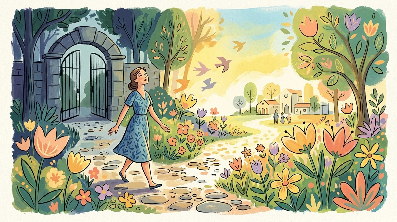 A warm, colorful gouache illustration of a woman walking down a garden path in the sunshine, symbolizing peace and new boundaries.