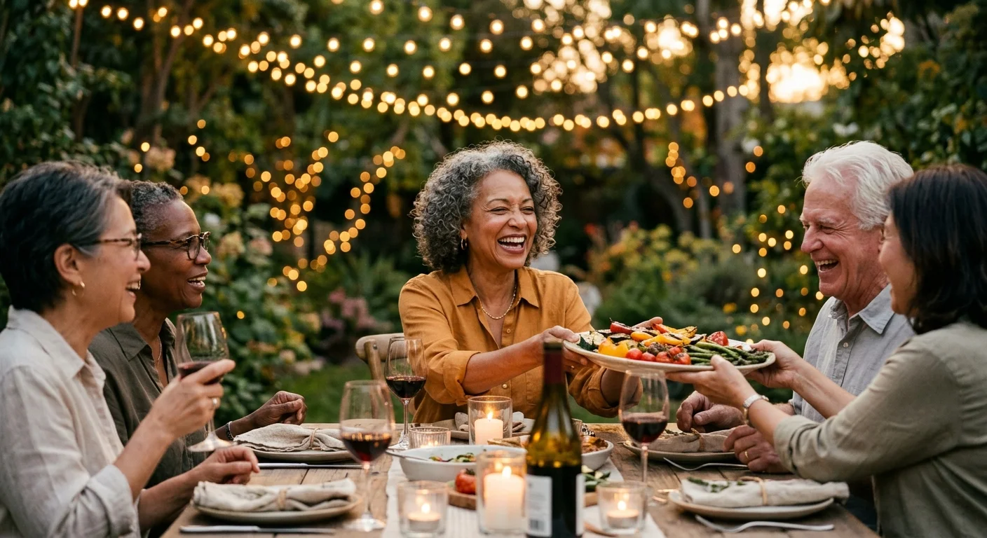 A warm editorial photograph of a group of retired friends laughing around an outdoor dinner table under string lights at dusk.