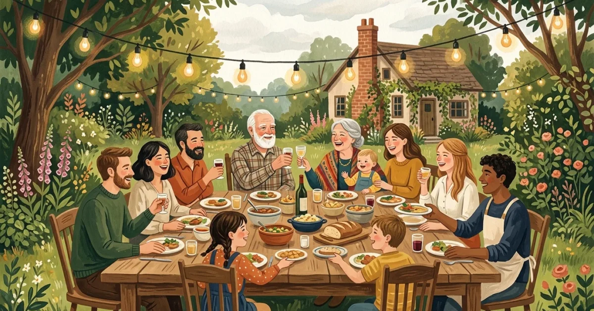 A warm gouache illustration of a multigenerational family sharing a meal around an outdoor backyard table under string lights.