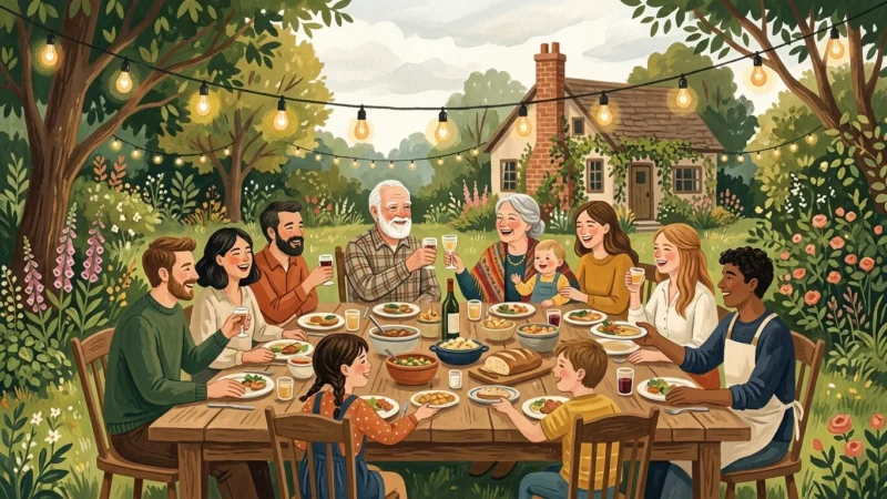 A warm gouache illustration of a multigenerational family sharing a meal around an outdoor backyard table under string lights.