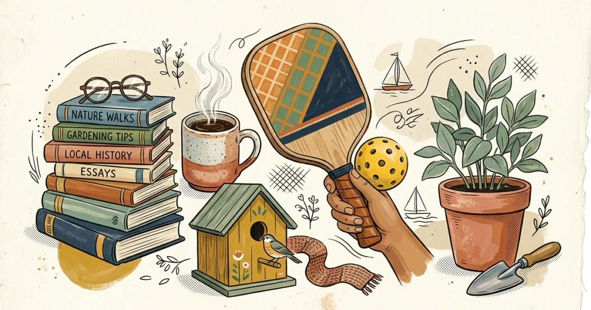 A warm gouache illustration showing a cozy collage of retirement hobbies like a pickleball paddle, books, and plants.