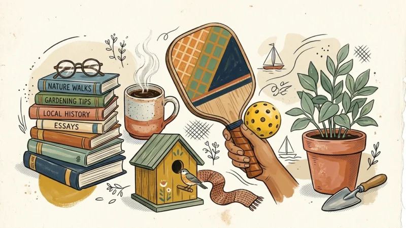 A warm gouache illustration showing a cozy collage of retirement hobbies like a pickleball paddle, books, and plants.