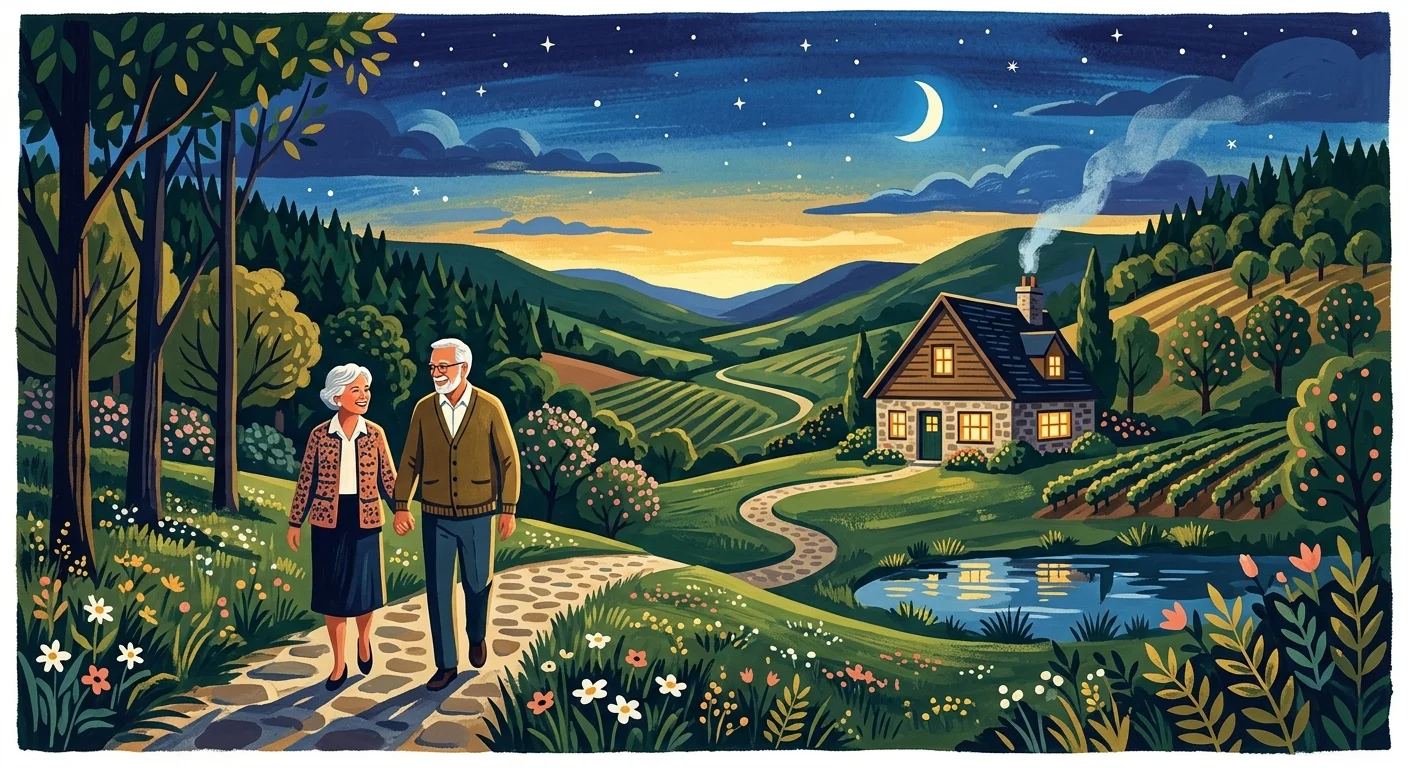 A warm gouache painting of a senior couple walking toward a cozy cottage in a peaceful valley.