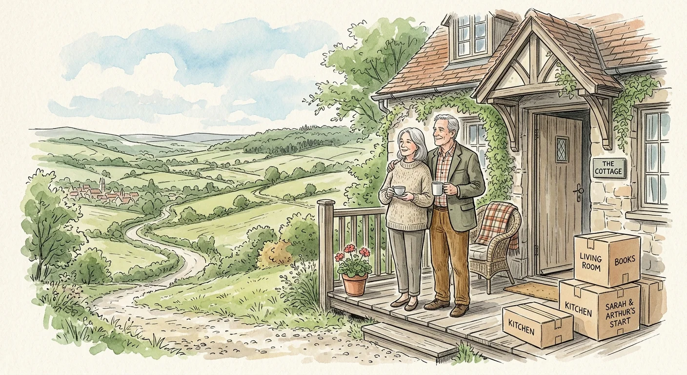 A warm ink and watercolor illustration of a mature couple standing next to moving boxes on a porch, looking out at a scenic valley.