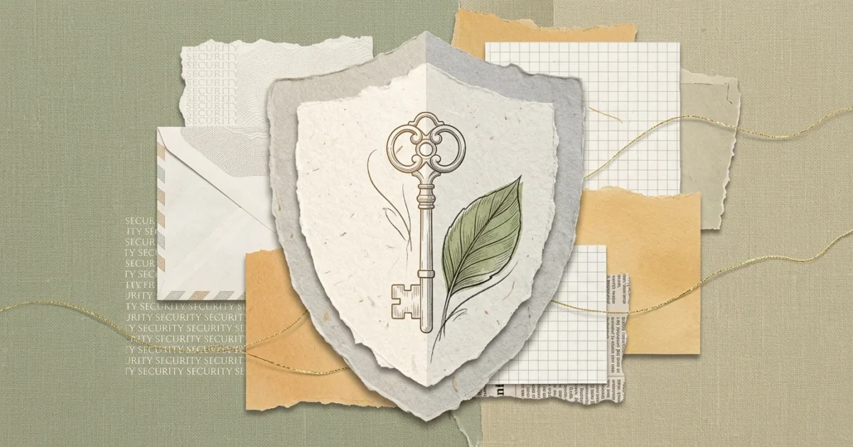 A warm, textured paper collage of a protective shield, gold foil thread, and vintage key, representing security and vigilance.