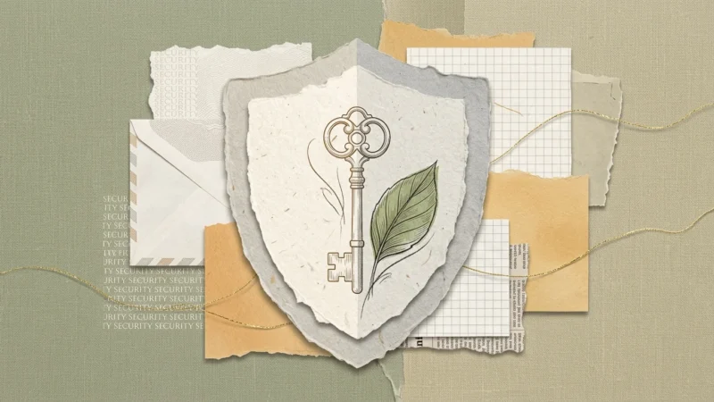 A warm, textured paper collage of a protective shield, gold foil thread, and vintage key, representing security and vigilance.
