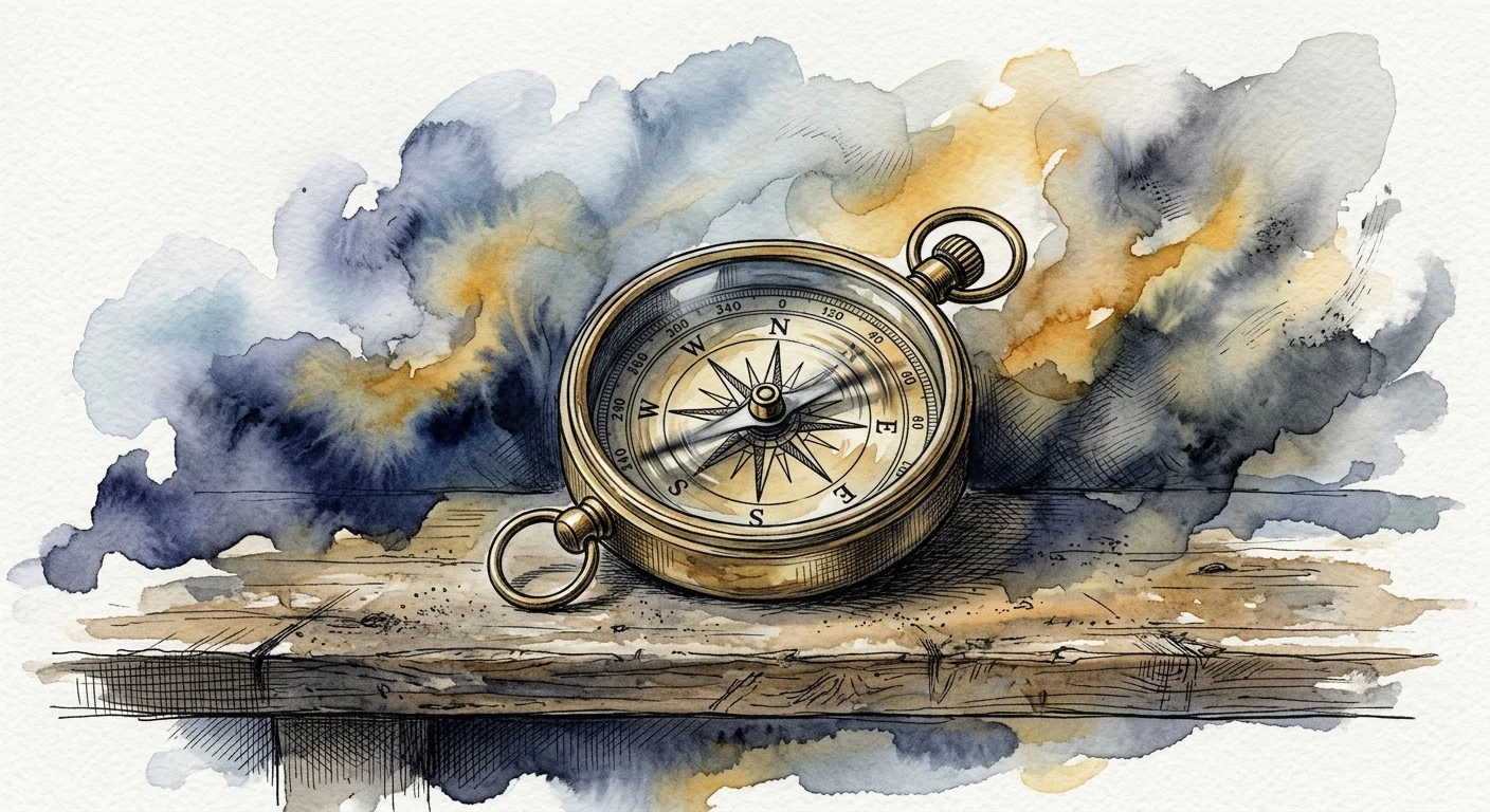 A watercolor illustration of a brass compass sitting on a shelf surrounded by soft indigo and gold washes.