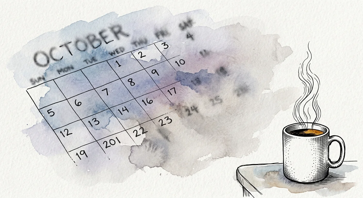 A watercolor illustration of a calendar with melting grid lines fading into a soft blue wash, with a single sharp ink sketch of a mug.