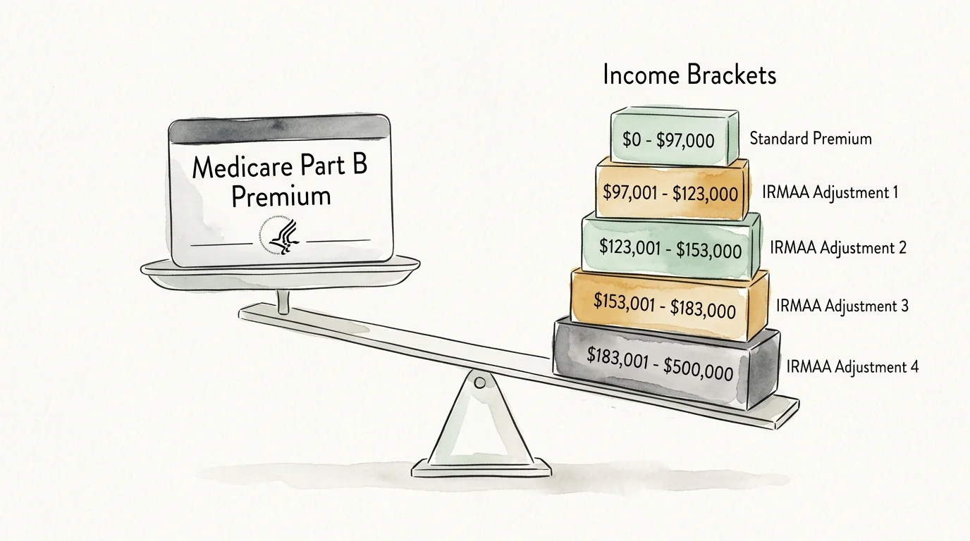 A watercolor illustration of a scale balancing a Medicare Part B Premium card against income bracket blocks.