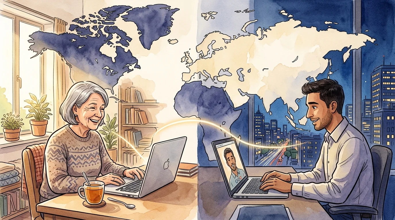 A watercolor illustration of a senior woman on her laptop in the daytime connecting via a golden light beam to a young man on his laptop at
