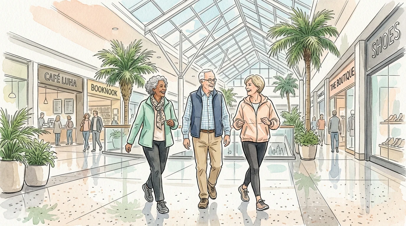 A watercolor illustration of active seniors walking together inside a bright, modern glass-roofed mall.
