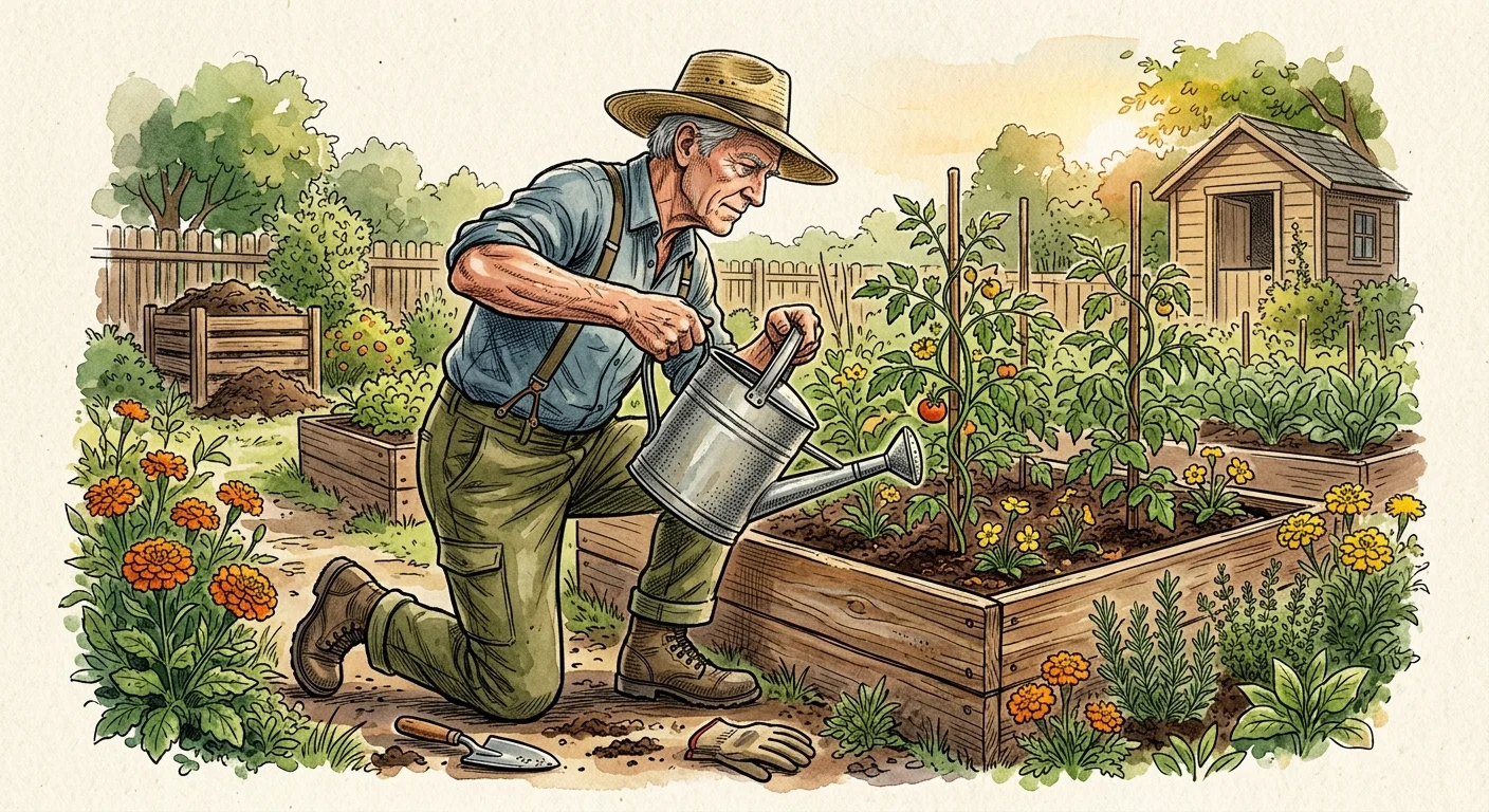 A watercolor illustration of an older man lifting a metal watering can in a lush garden bed.