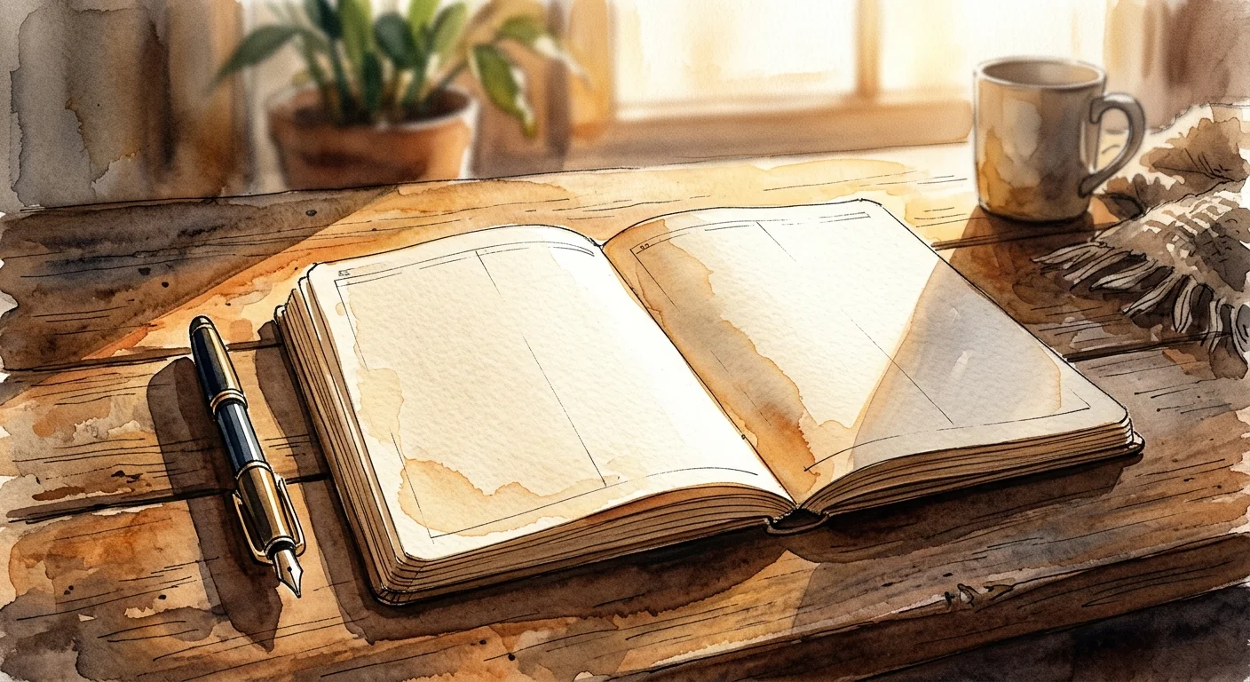 A watercolor illustration of an open, completely blank paper planner laying on a wooden table in warm afternoon sunlight.