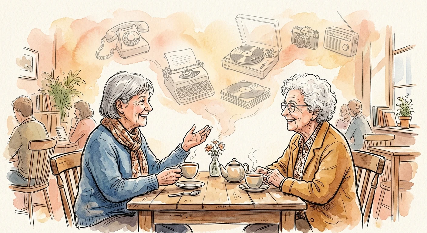 A watercolor sketch of two friends talking at a table with faint drawings of vintage objects floating above them.