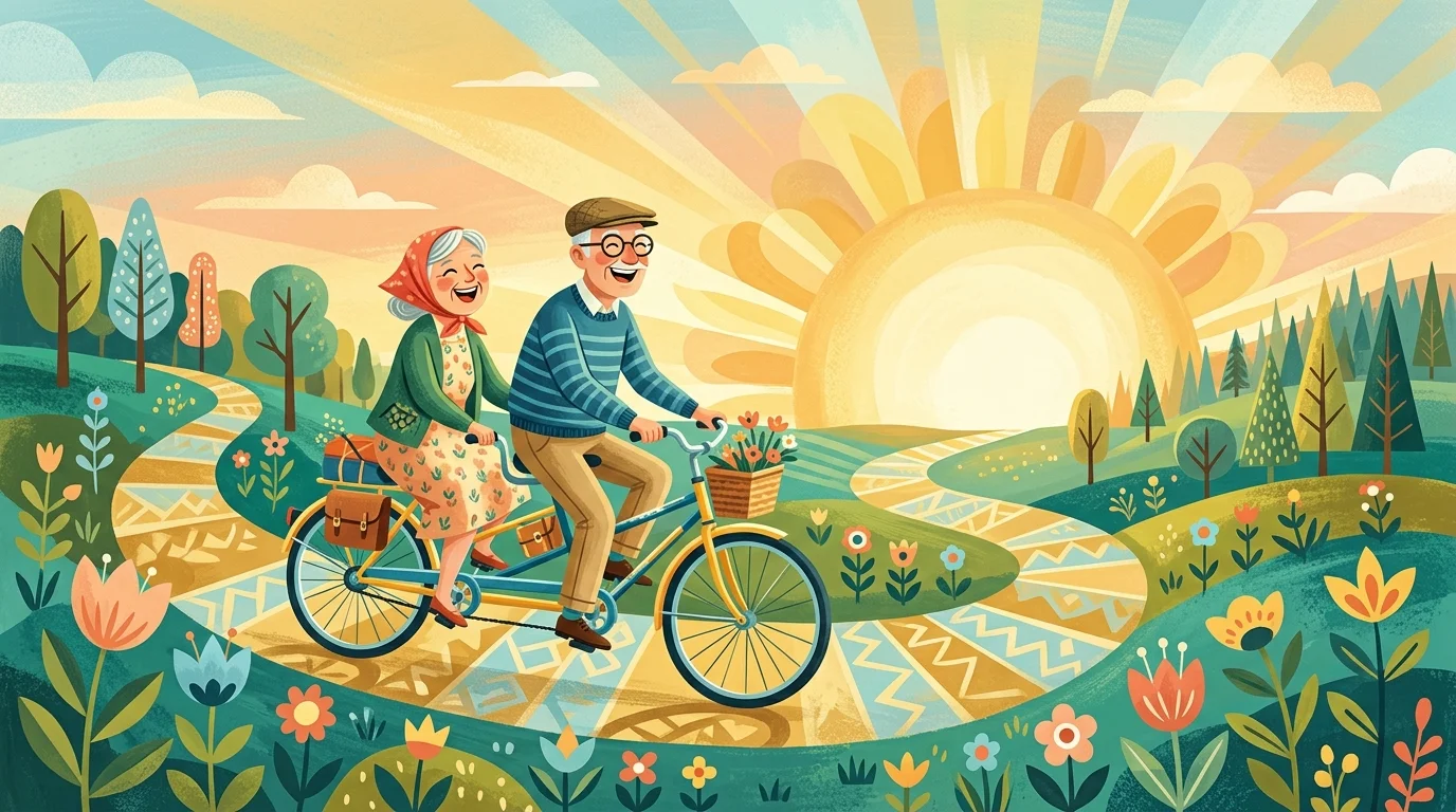 A whimsical gouache illustration of an older couple riding a tandem bike toward a giant, warm sun.