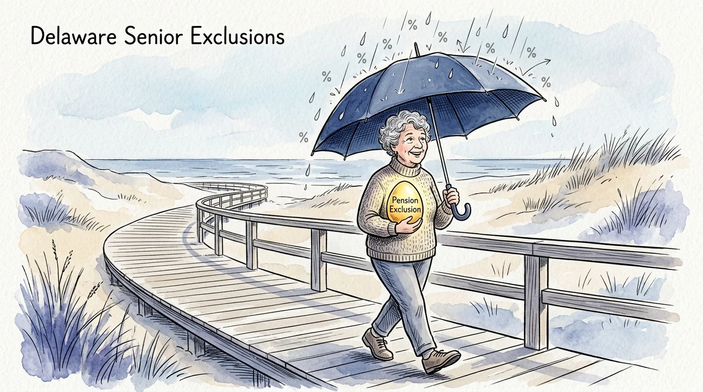 A whimsical watercolor illustration of a senior woman protecting a golden egg with an umbrella under rain drops labeled with percentage symb