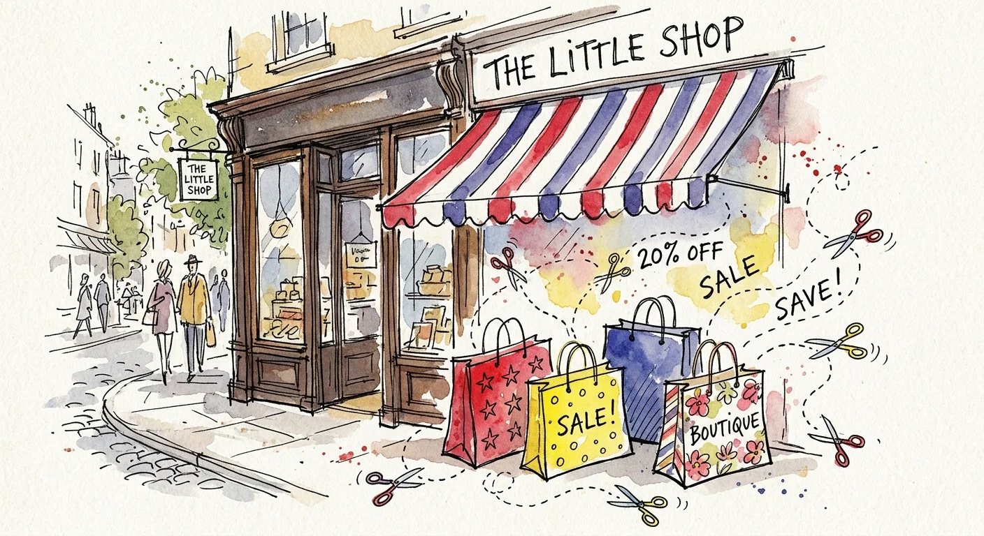 A whimsical watercolor illustration of shopping bags and scissors snipping coupon lines.