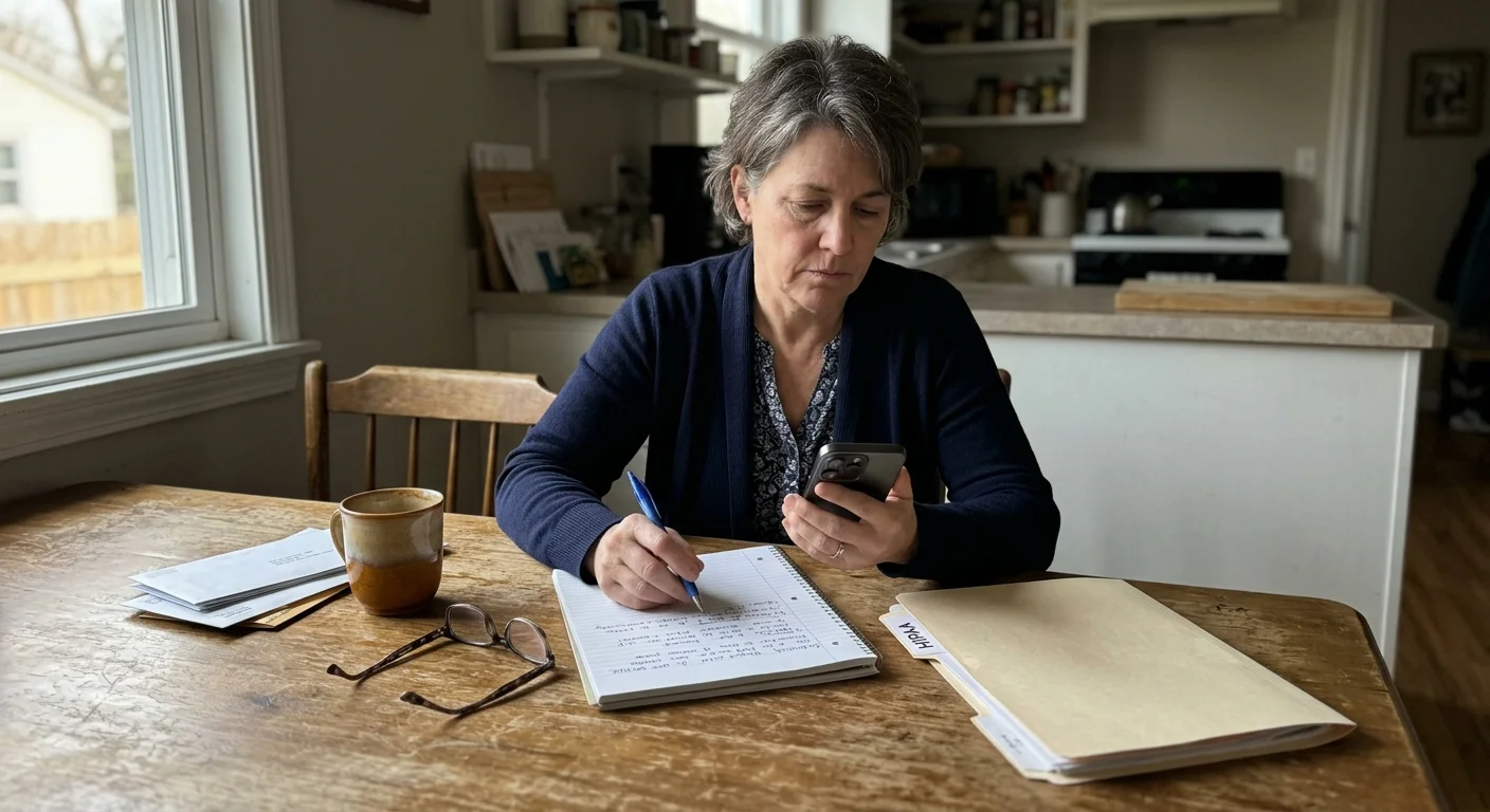 A woman at her kitchen table looking at her phone next to a notebook of medical notes, captured in a warm, realistic documentary style.