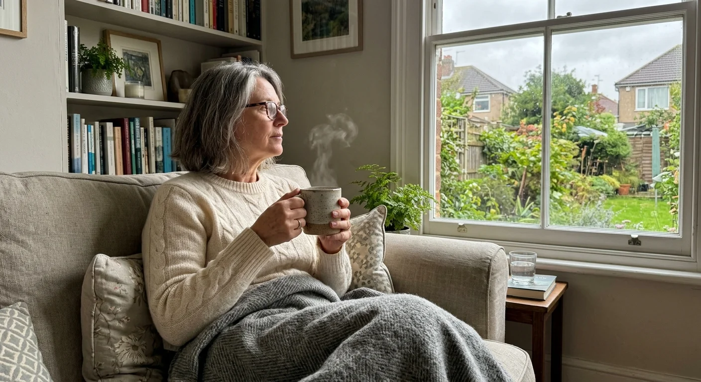 A woman in a cream sweater sits comfortably on a sofa, holding a warm mug of tea with a soft blanket over her lap.