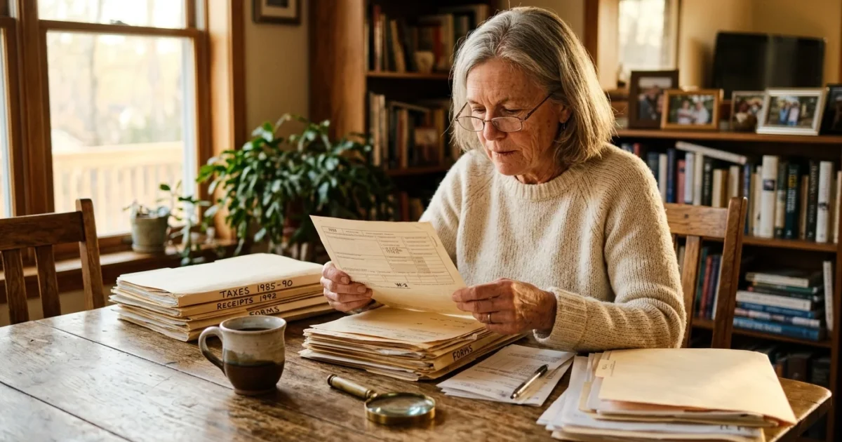 A woman in her 60s at a wooden kitchen table reviewing old tax papers under soft morning light.