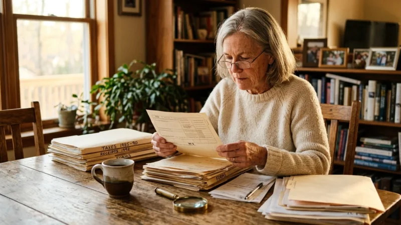 A woman in her 60s at a wooden kitchen table reviewing old tax papers under soft morning light.