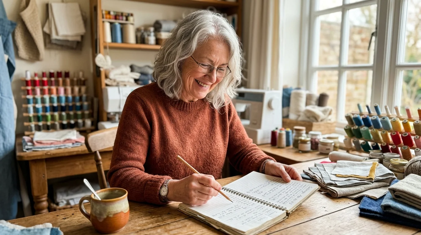 A woman in her early 60s smiling at her desk while reviewing a notebook titled Savings: Age 60-63.