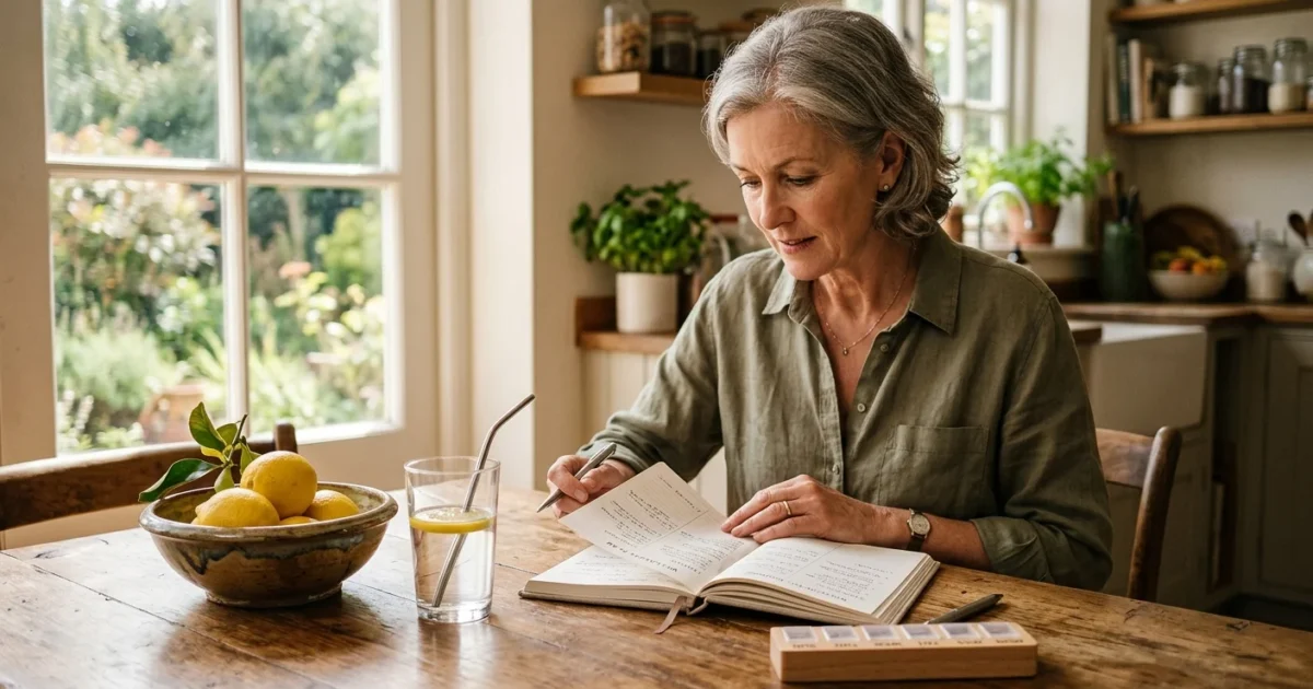 A woman in her late 50s sits at a sunlit kitchen table with a glass of water, fresh lemons, and a health journal, managing her wellness.