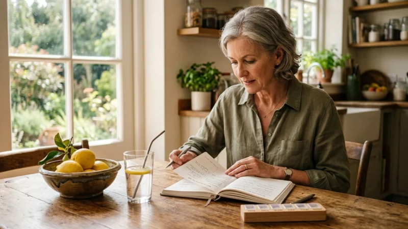A woman in her late 50s sits at a sunlit kitchen table with a glass of water, fresh lemons, and a health journal, managing her wellness.