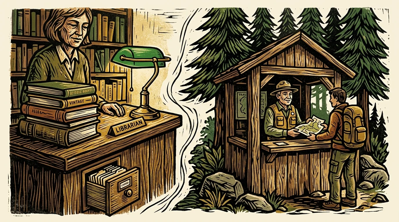 A woodcut print illustration showing a cozy library counter on one side and a park visitor information booth on the other.